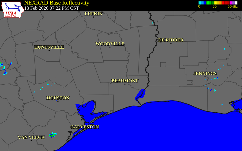 NEXRAD radar during the Friday, February 13, 2026 storm activity in Hardin County, Texas