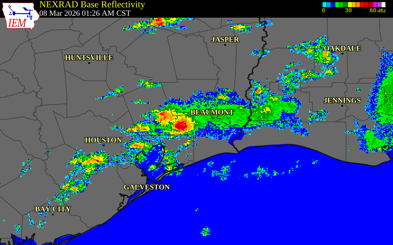 NEXRAD radar during the Sunday, March 8, 2026 storm activity in Hardin County, Texas