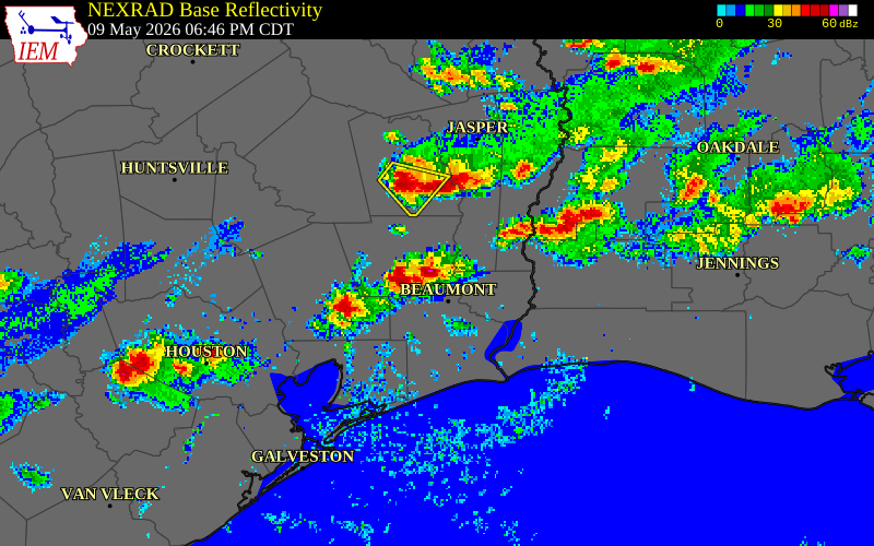 NEXRAD radar during the Saturday, May 9, 2026 storm activity in Hardin County, Texas