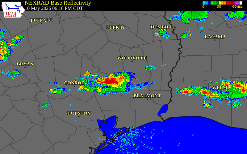 NEXRAD radar during the Sunday, May 10, 2026 storm activity in Hardin County, Texas