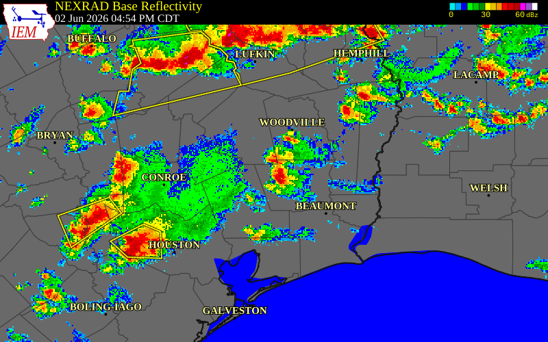 NEXRAD radar during the Tuesday, June 2, 2026 storm activity in Hardin County, Texas