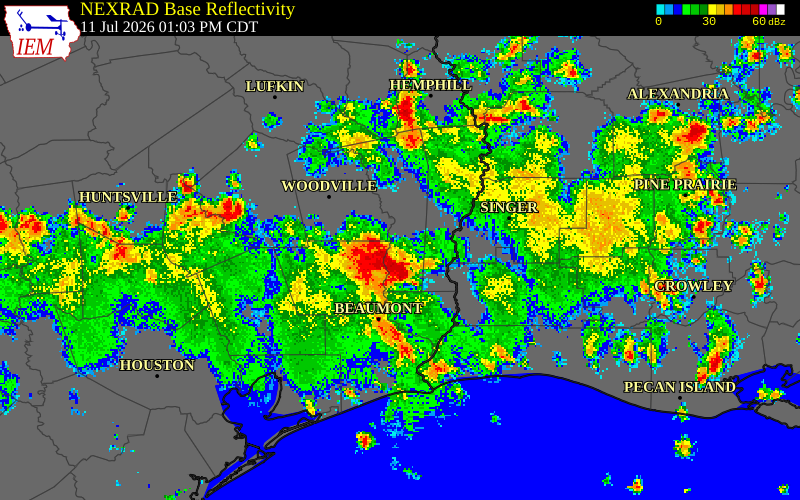 NEXRAD radar during the Saturday, July 11, 2026 storm activity in Hardin County, Texas
