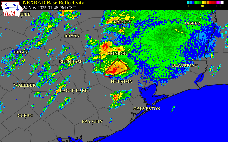 NEXRAD radar during the Monday, November 24, 2025 storm activity in Harris County, Texas