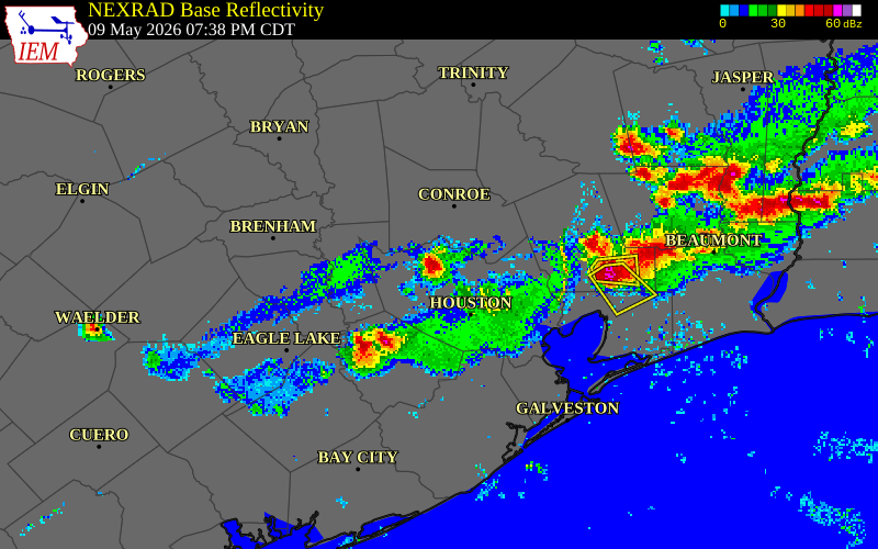 NEXRAD radar during the Saturday, May 9, 2026 storm activity in Harris County, Texas