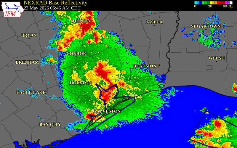 NEXRAD radar during the Saturday, May 23, 2026 storm activity in Harris County, Texas