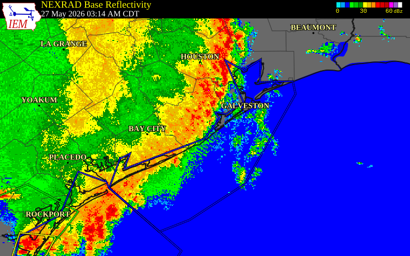 NEXRAD radar during the Wednesday, May 27, 2026 storm activity in Harris County, Texas