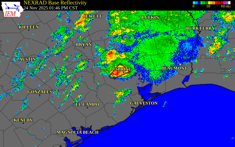 Radar snapshot during the Nov 24, 2025 tornado event near 6 SE Tomball, Harris County, Texas, with NWS warning polygons