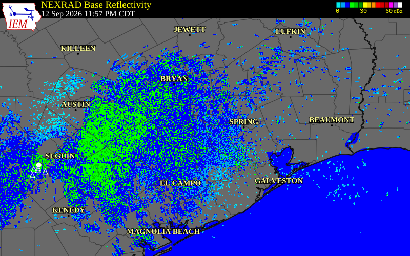 Current NEXRAD radar over Harris County, Texas with recent storm report locations