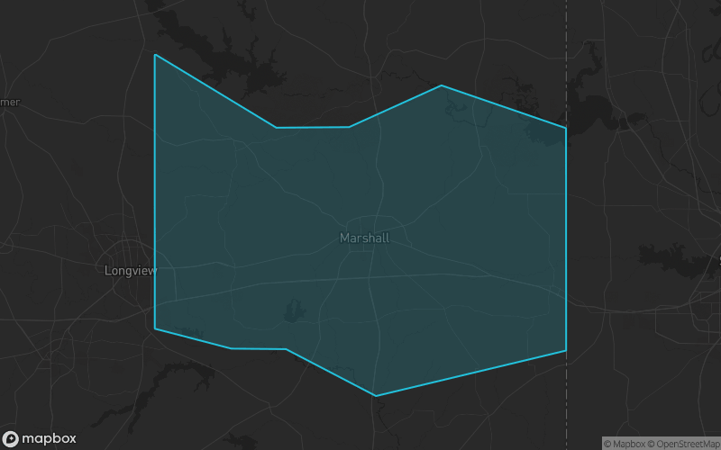 Map of Harrison County, Texas showing the county boundary and surrounding cities