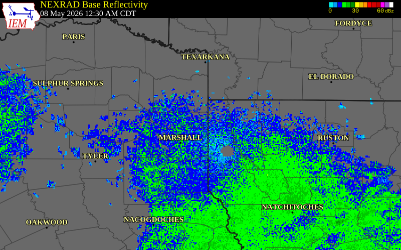 NEXRAD radar during the Friday, May 8, 2026 storm activity in Harrison County, Texas