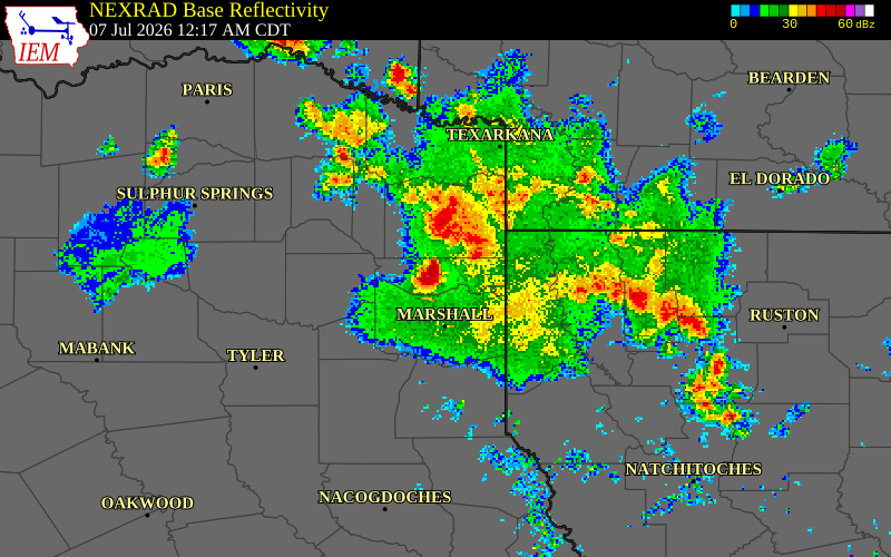 NEXRAD radar during the Tuesday, July 7, 2026 storm activity in Harrison County, Texas