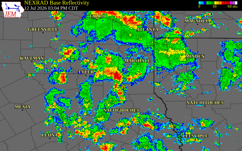NEXRAD radar during the Sunday, July 12, 2026 storm activity in Harrison County, Texas