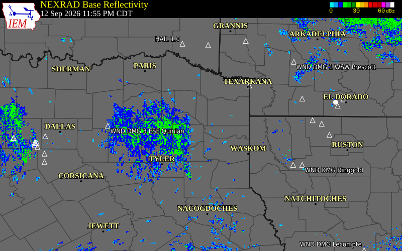 Current NEXRAD radar over Harrison County, Texas with recent storm report locations