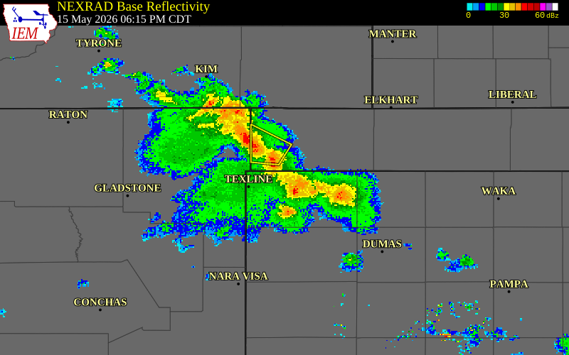 NEXRAD radar during the Friday, May 15, 2026 storm activity in Hartley County, Texas