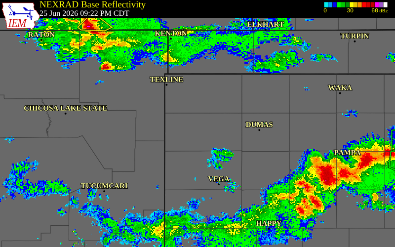 NEXRAD radar during the Thursday, June 25, 2026 storm activity in Hartley County, Texas