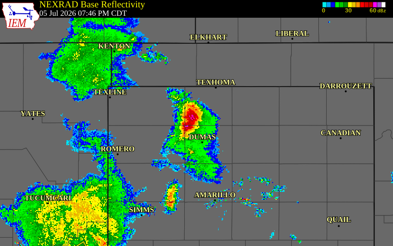NEXRAD radar during the Sunday, July 5, 2026 storm activity in Hartley County, Texas