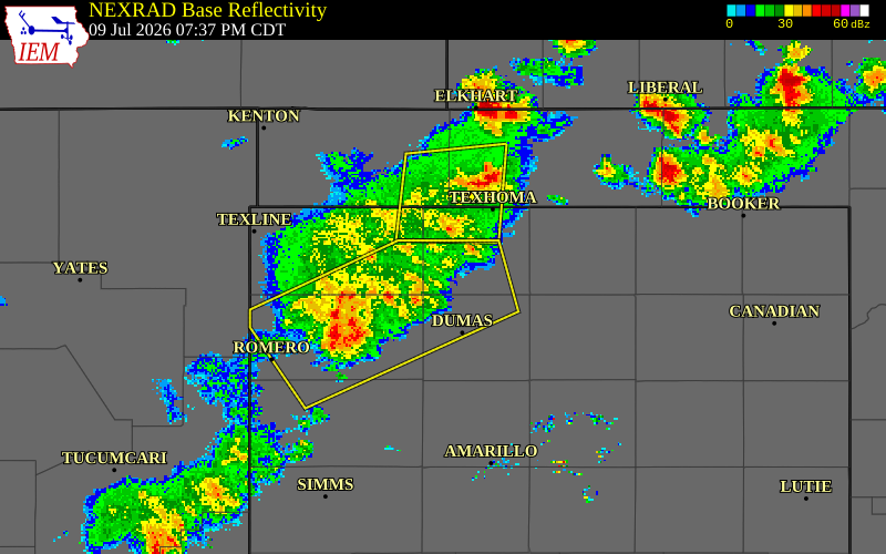 NEXRAD radar during the Thursday, July 9, 2026 storm activity in Hartley County, Texas