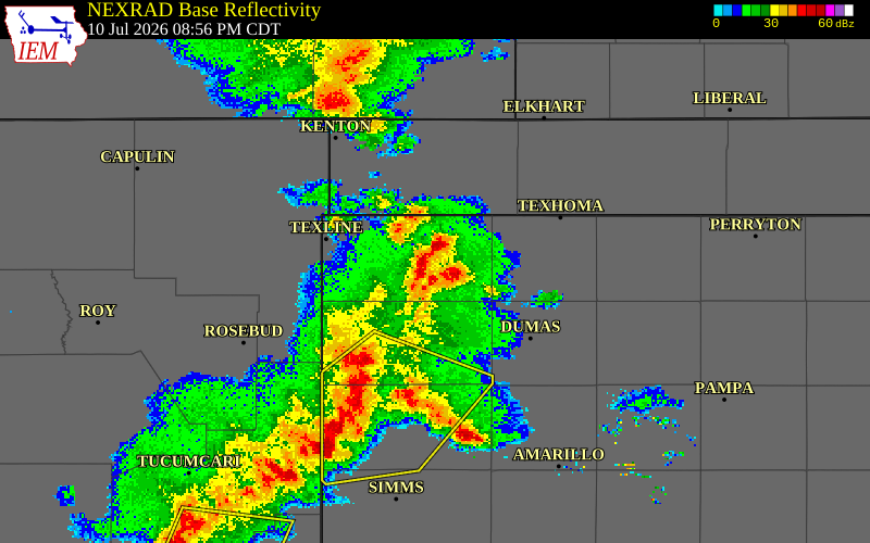 NEXRAD radar during the Friday, July 10, 2026 storm activity in Hartley County, Texas