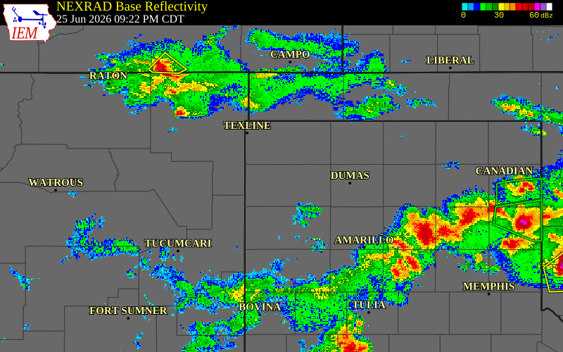Radar snapshot during the Jun 25, 2026 wind event near 12 SW Dalhart, Hartley County, Texas, with NWS warning polygons
