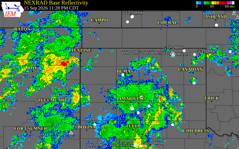 Current NEXRAD radar over Hartley County, Texas with recent storm report locations