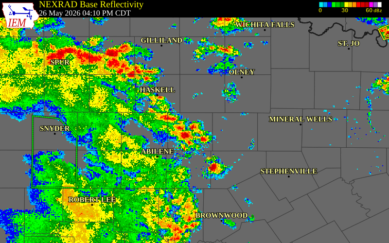NEXRAD radar during the Tuesday, May 26, 2026 storm activity in Haskell County, Texas