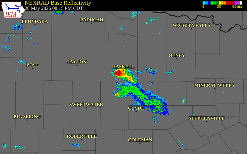 NEXRAD radar during the Thursday, May 28, 2026 storm activity in Haskell County, Texas