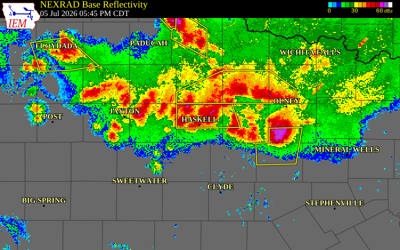 NEXRAD radar during the Sunday, July 5, 2026 storm activity in Haskell County, Texas