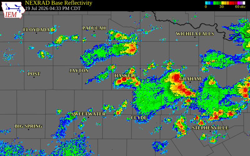 NEXRAD radar during the Sunday, July 19, 2026 storm activity in Haskell County, Texas