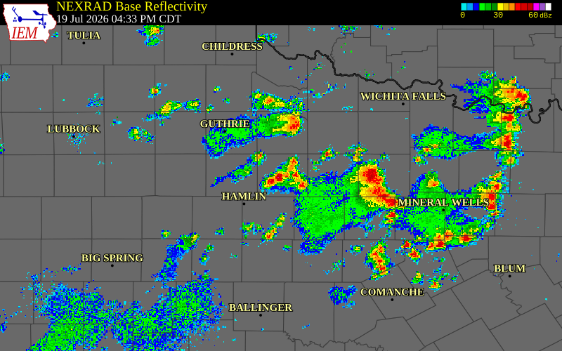 Radar snapshot during the Jul 19, 2026 wind event near 2 NNW Haskell, Haskell County, Texas, with NWS warning polygons