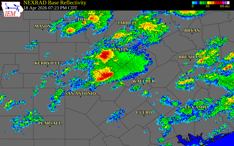 NEXRAD radar during the Saturday, April 18, 2026 storm activity in Hays County, Texas