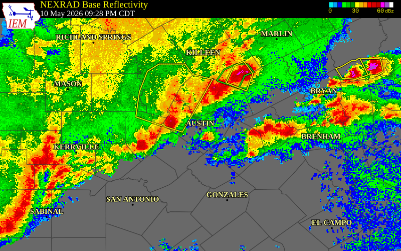 NEXRAD radar during the Sunday, May 10, 2026 storm activity in Hays County, Texas