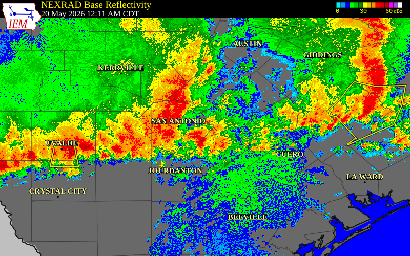 NEXRAD radar during the Wednesday, May 20, 2026 storm activity in Hays County, Texas