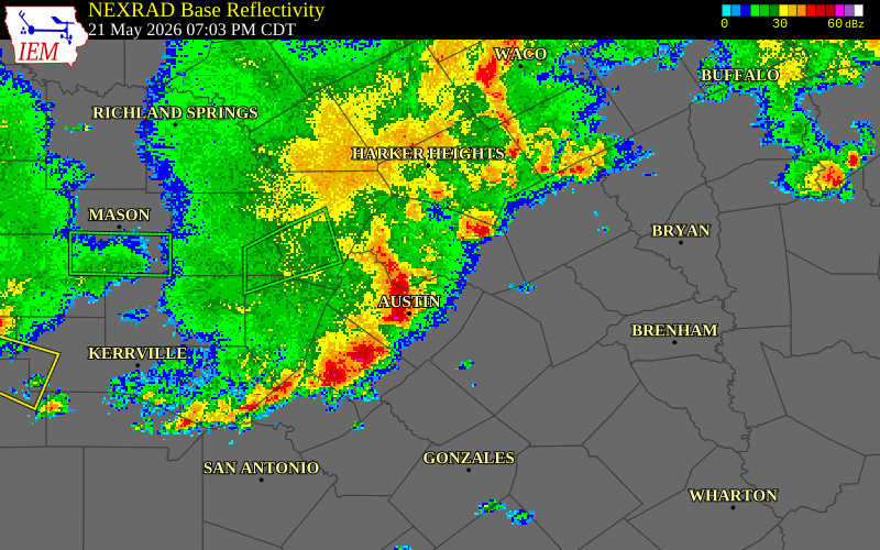 NEXRAD radar during the Thursday, May 21, 2026 storm activity in Hays County, Texas