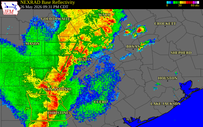 Radar snapshot during the May 26, 2026 wind event near Hays County, Hays County, Texas, with NWS warning polygons