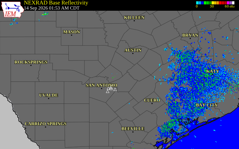 Current NEXRAD radar over Hays County, Texas with recent storm report locations