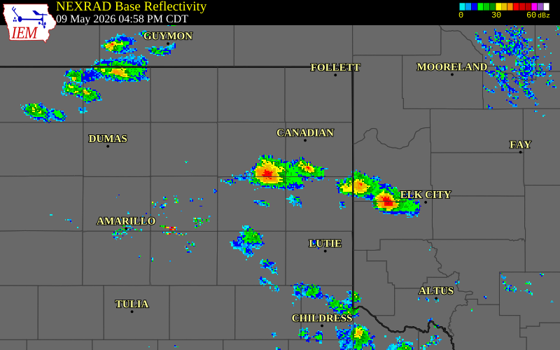 NEXRAD radar during the Saturday, May 9, 2026 storm activity in Hemphill County, Texas