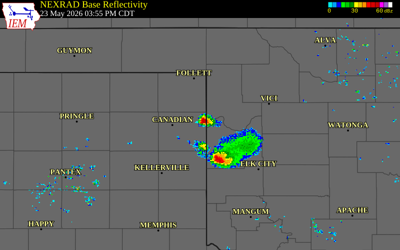 NEXRAD radar during the Saturday, May 23, 2026 storm activity in Hemphill County, Texas