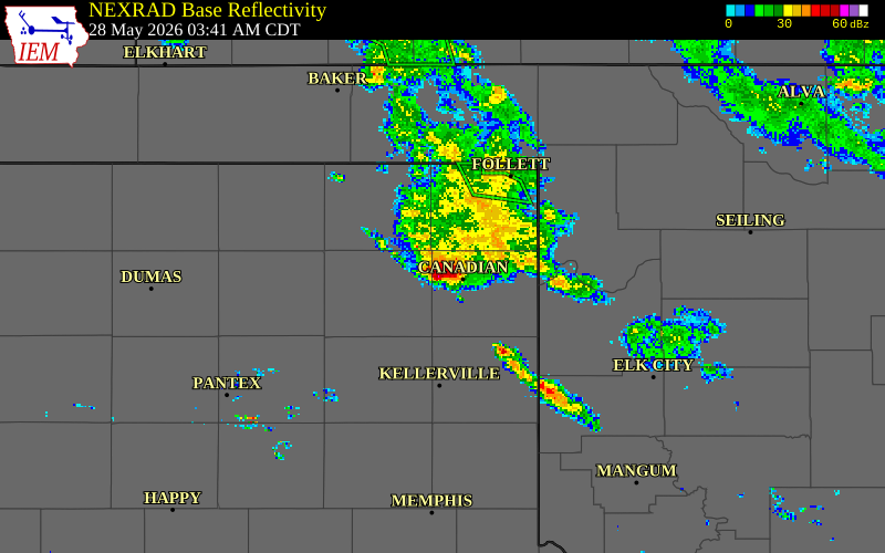 NEXRAD radar during the Thursday, May 28, 2026 storm activity in Hemphill County, Texas