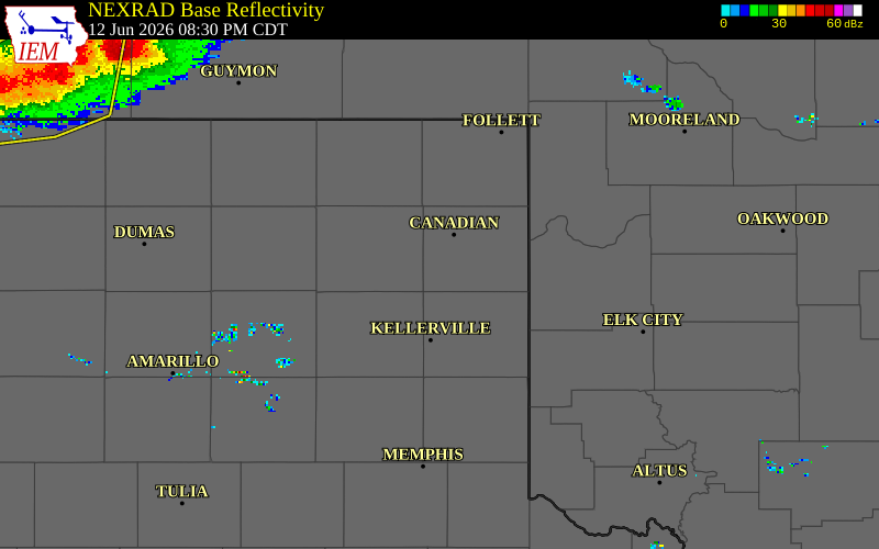 NEXRAD radar during the Friday, June 12, 2026 storm activity in Hemphill County, Texas