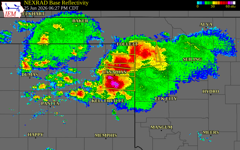 NEXRAD radar during the Thursday, June 25, 2026 storm activity in Hemphill County, Texas