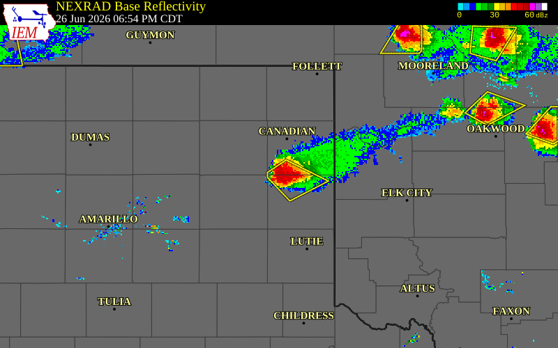 NEXRAD radar during the Friday, June 26, 2026 storm activity in Hemphill County, Texas