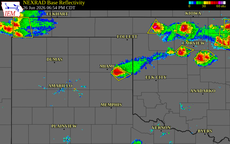 Radar snapshot during the Jun 26, 2026 hail event near 7 N New Mobeetie, Hemphill County, Texas, with NWS warning polygons