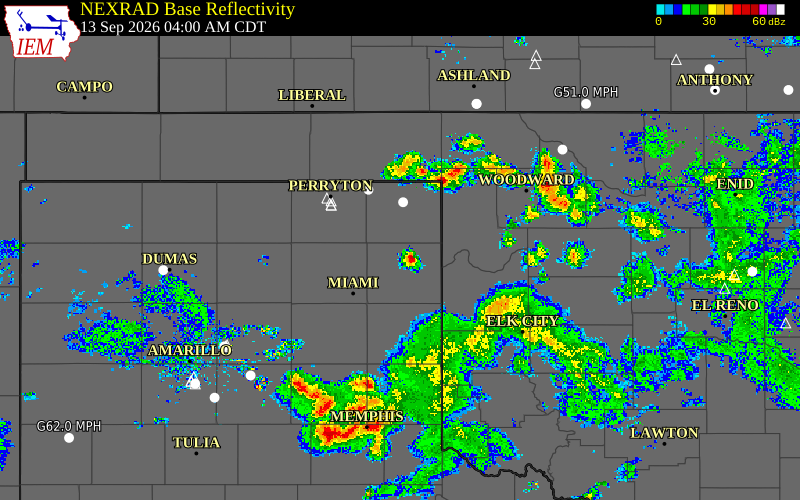Current NEXRAD radar over Hemphill County, Texas with recent storm report locations