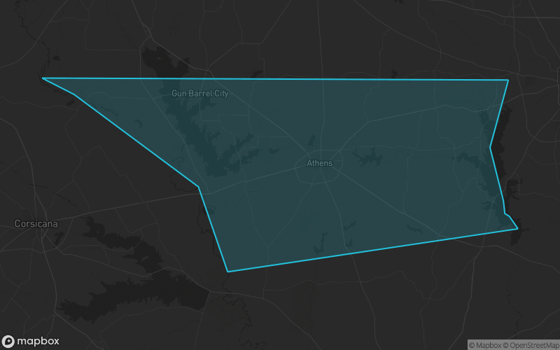 Map of Henderson County, Texas showing the county boundary and surrounding cities