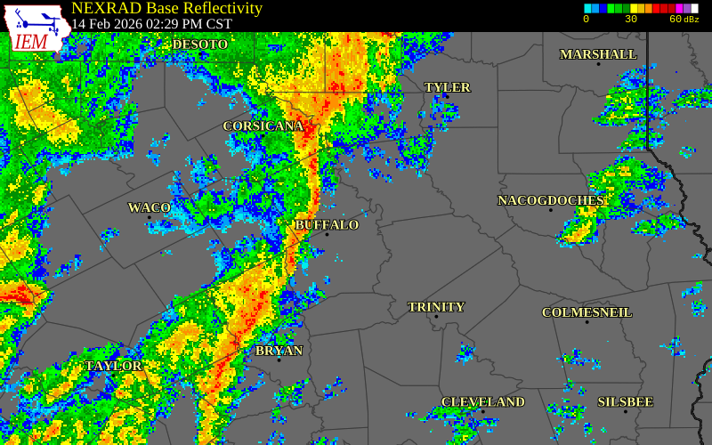 NEXRAD radar during the Saturday, February 14, 2026 storm activity in Henderson County, Texas