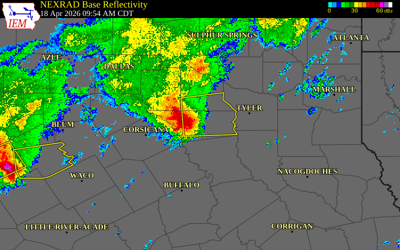 NEXRAD radar during the Saturday, April 18, 2026 storm activity in Henderson County, Texas