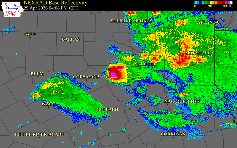 NEXRAD radar during the Wednesday, April 29, 2026 storm activity in Henderson County, Texas