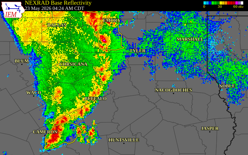 NEXRAD radar during the Saturday, May 23, 2026 storm activity in Henderson County, Texas