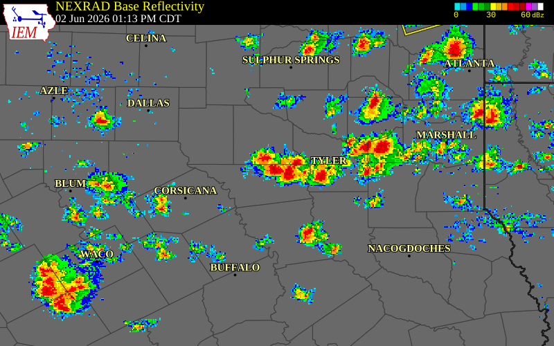 NEXRAD radar during the Tuesday, June 2, 2026 storm activity in Henderson County, Texas