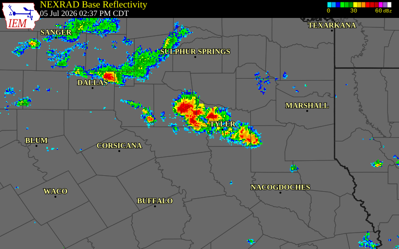 NEXRAD radar during the Sunday, July 5, 2026 storm activity in Henderson County, Texas
